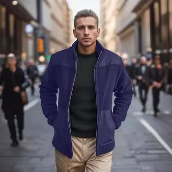 Spring and Autumn Independent Station Jacket Jacket Men s Color Fleece Jacket Stand-up Collar Jacket M тёмно-синий