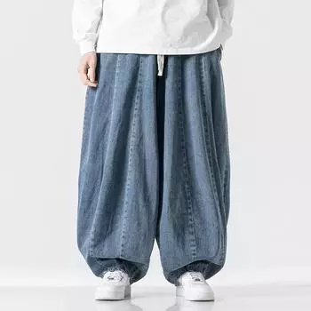 Spring and Autumn Men s Lantern Plus Size Japanese Retro Loose Harem Straight Pants Wide-leg Jeans S чёрный