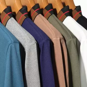 Spring and Autumn Men s Long-sleeved T-shirt Mid-green Casual Solid Color Lapel Polo Shirt Bottoming Men s Top M