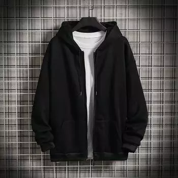 Spring and Autumn Men s Plush and Thickened Casual Solid Color Hooded Cardigan XXXL чёрный
