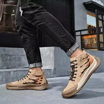 Spring and Autumn Men s Shoes New Genuine Leather Men s British Style All-Match Casual Mid-Top Leather Shoes Trendy Outdoor Sports 38 чёрный