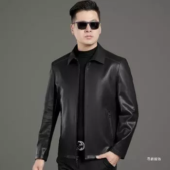 Spring and Autumn New Leather Men s Sheepskin Jacket Business Middle-Aged Dad Soft Leather Lapel Jacket 170