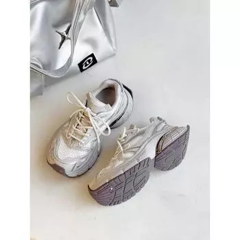Spring and Autumn New Leather Silver Daddy Shoes Women s Platform Muffin Mesh Versatile Small Casual Shoes 35 бежевый