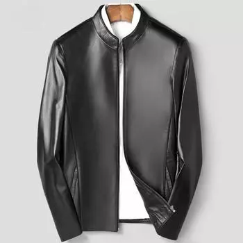 Spring and Autumn New Men s Genuine Leather Sheepskin Motorcycle Jacket Short Stand Collar Slim Fit Young and Middle-aged Jacket L
