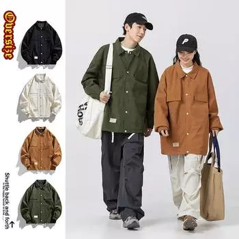 Spring and Autumn New Men s Korean Style Lapel Car Logo Multi-Pocket Loose Retro Jacket Trendy Couple Internet Celebrity Same Style Jacket M