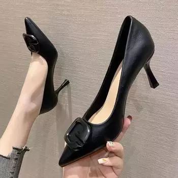 Spring and autumn new pointed high heels women s versatile professional nude light mouth middle heel soft leather stiletto single shoes 34