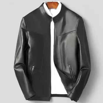 Spring and Autumn New Sheepskin Genuine Leather Jacket Men s Short Stand Collar Slim Leather Jacket Casual Young and Middle-aged L