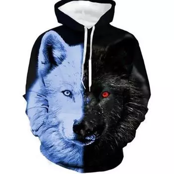 Spring and Autumn Season New Street Trend Wind 3d Digital Wolf Head Print Men s Casual Hooded Long-sleeved Sweater XL