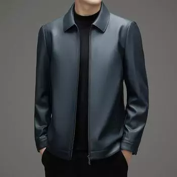 Spring and Autumn Sheep Leather Jacket Men s Middle-aged Lapel Plus Velvet Thickened Dad Genuine Leather Jacket Trendy 170
