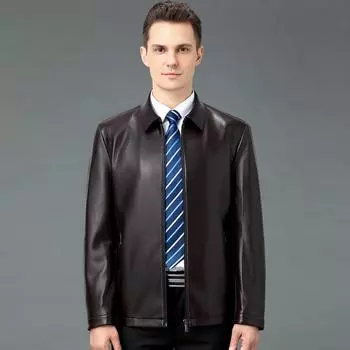 Spring and autumn sheepskin men s genuine leather lapel plus velvet middle-aged casual soft leather jacket 170