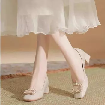 Spring and Autumn thick heel single shoes women s new princess style with skirt cheongsam engagement shoes bride bridesmaid shoes 34 абрикосовый