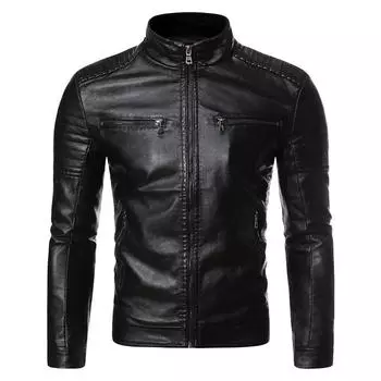 Spring and Autumn Thin Men s Stand Collar Striped Double Zipper Pu Leather Coat Large Size Motorcycle Leather Coat M