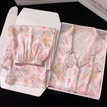 Весенние и осенние модели пижам для дома, костюм Pure Desire Wind Bear Cartoon Printing Girls Ice Silk Pijama Homewear M