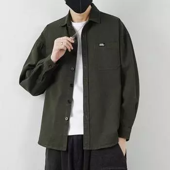 Spring and Summer Cotton Long-sleeved Shirt Men s Loose Trend American Lapel Jacket Pockets Shirt Outerwear Tops L чёрный