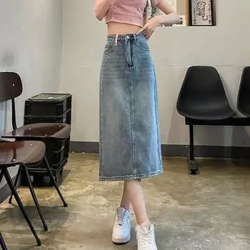 Spring and Summer Denim Skirt for Women In Summer New Denim Slit Small Person Looking Taller and Slim Denim Skirt Personalized Pocket XS