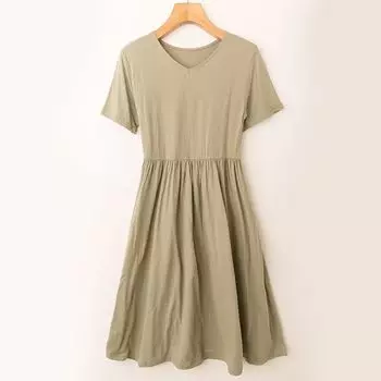 Spring and Summer Export K-style New Arrival Casual Easiest for Match a Version Slimming V-neck Short Sleeve Pullover Dress Light army green M