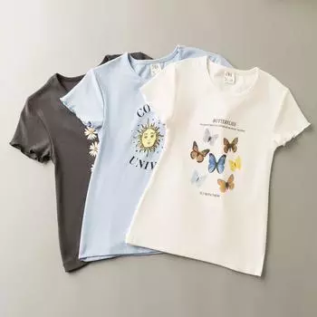 Spring and Summer Export K-style New Arrival Elegant Versatile Printed Minimalist Casual round Neck Short Sleeve Pullover T-shirt Light blue 8