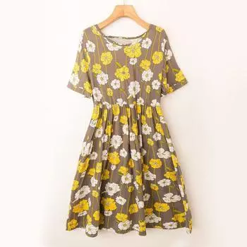 Spring and Summer Export K-style New Arrival Printed All-Matching Younger Casual Fashion round Neck Short Sleeve Pullover Dress Rice white coffee flower LL