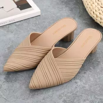 Spring and Summer Fashion Half Slippers Women s New Style Thick Heel External Wear Sandal Slippers 40 чёрный