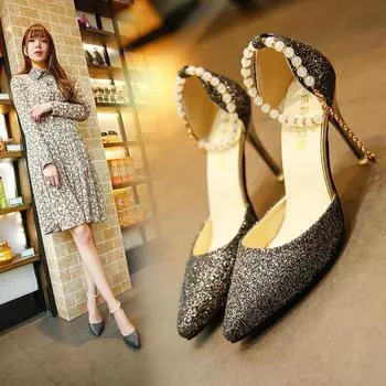 Spring and summer Korean version tide high heels women s matte thin heel pointed pearl fashion side empty single shoes women s shoes 35 чёрный