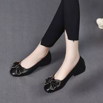 Spring and summer new bow light mouth single shoes first layer cowhide round flat shoes comfortable women s work shoes 35