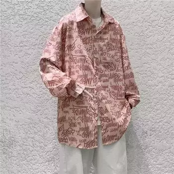 Spring And Summer New Korean Style Trendy Long Sleeved Shirt For Men, Tie Dye Loose Casual Cool Shirt M чёрный