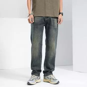 Spring and Summer New Men s Loose Straight American Retro High Street Stretch Denim Trousers 28