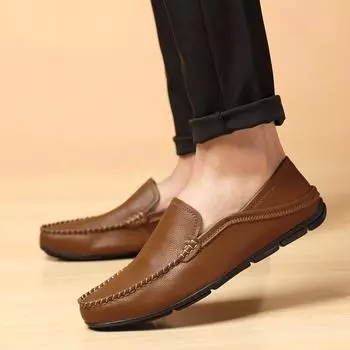 Spring and Summer New Men s Two-layer Leather Fashionable and Comfortable Lazy Driving Shoes Brand Round Toe Non Slip Bean Shoes 36 чёрный