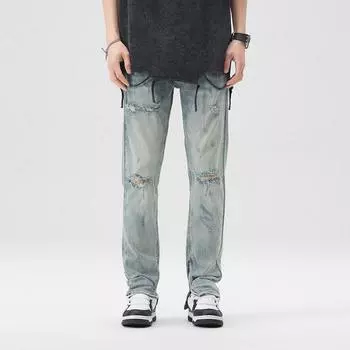 Spring and Summer New Style High Street Personalized Ripped Trousers Zipper Design Slim Jeans Men 28