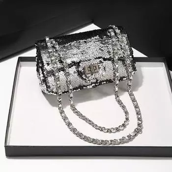 Spring and Summer Sequined Fashion Chain Bag, Hand-held Crossbody Chain Small Square Bag, Crossbody Bag, Trendy Single Shoulder серебряный