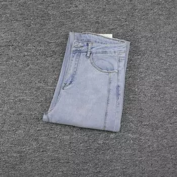 Spring and Summer Thin Denim Women s Mid-High Waist Pencil Pants Cotton Stretch Slit Versatile Loose Slim Looking Washed Washing light blue M