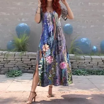 Spring and Summer Women s Casual Loose Printed Mid-sleeved V-neck Ethnic Style Dress S фуксия