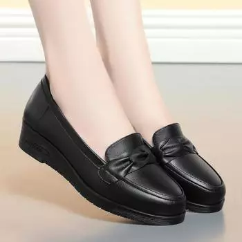 Spring Autumn British Style Retro Platform Black Mother Leather Shoes Women Soft Sole Classic Non-slip Flats Loafers 35(Foot22.5cm)