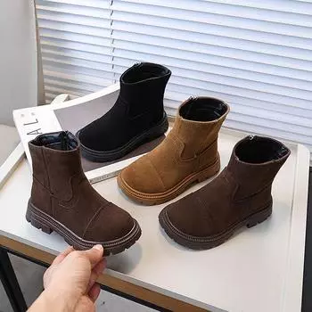Spring Autumn Children s Leather Boots Solid Color Patchwork Girls Causal Ankle Boots Fashion Retro Versatile Kids Short Boots 26 коричневый