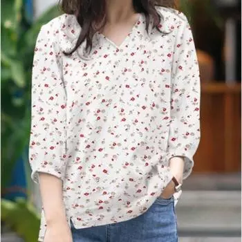 Spring Autumn Flower Printed Split Hem V-neck 3/4 Sleeve Shirt for Women Blouses & Shirts S белый