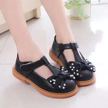 Spring Autumn Girls Leather Shoes for Party Wedding Children Flats T-strap with Bow-knot Ribbon Bow with Pearls Kids Dress Shoes 26 (inner 16.2cm) белый