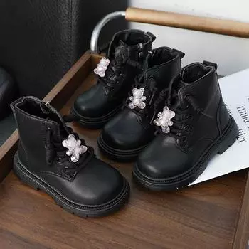 Spring Autumn Kid s Boot Cute Cartoon Bear Black Boots for Girl Fashion Non-slip Versatile Children Causal School Ankle Boots 26 чёрный