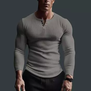 Spring Autumn Men Top Buttoned V Neck Slim Fit Stretchy Mid Length Tee XXXL белый