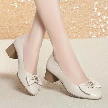 Spring Autumn Soft Leather Single Shoes for Women Square Toe Shallow Mouth Thick Heel Soft Bottom Comfortable Low Heel Pumps 35(Foot22.5cm)