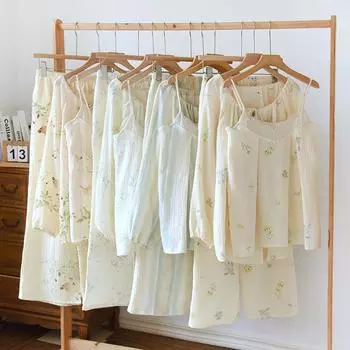Spring Autumn Women s Pajama Set Cotton Crepe Printed Long Sleeve Pants Three Piece Lace Sweet Home Suit M
