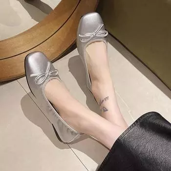 Spring Autumn Women Soft Bottom Comfortable Flat Shoes Butterfly Knot Milk Milk Soft Leather Fairy Shoes Low Heels Daily Use 35 бежевый
