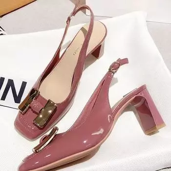 Spring bag head thick heel empty sandals women s French metal buckle square head shallow mouth temperament word with high heels 35 розовый