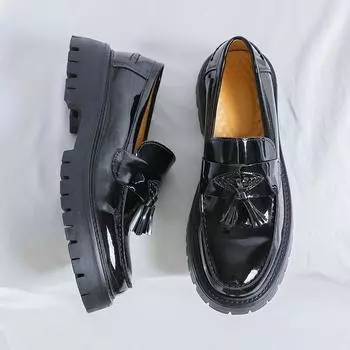 Spring Comfort Thick Soled Leather Shoes Black Tassel Loafers Slip-On Wedding Party Men Shoes High-quality Business Formal Shoes 38 чёрный