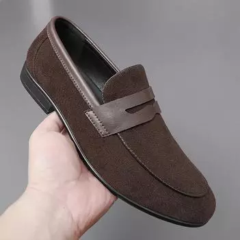 Spring Cow Suede Loafers Flat Bottomed Lightweight Business Leather Shoes Brown Formal Wedding Shoes Adult Men s Pointed Shoes 38 чёрный