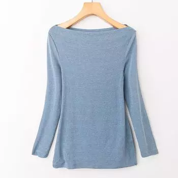 Spring & Fall Export K-style New Arrival Elegant Fashion All-Match Minimalist off-Neck Long Sleeve Pullover Top Light blue gray All yards