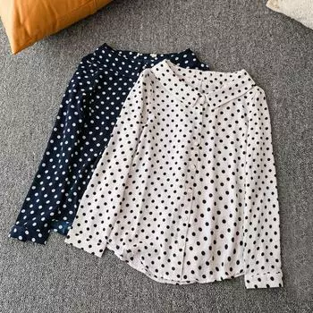 Spring & Fall Export K-style New Arrival Youth Popularity Work Clothing All-Match Lapel Long Sleeve Single-Breasted Shirt Black spot on white background M