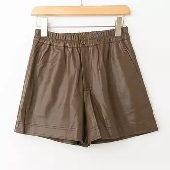 Spring & Fall Export K-style New Arrival Simple Casual All-Match Elegant Pure Color Elastic Waist Leather Shorts Black L