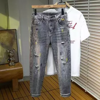 Spring Flying Painted Ripped Pants Scar Fit Stretch Denim Cropped Pants Men s Pants 28