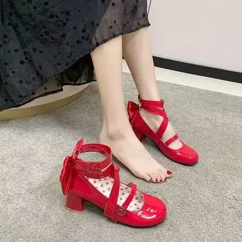 Spring Lolita shoes high heels female original Melulu mid-heel round head leather shoes LO small leather shoes Lolita shoes 35