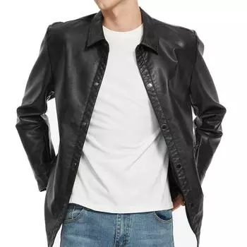 Spring Men s Leather Jacket Bomber Motorcycle Biker Pu Leather Coat Casual Autumn Washed Faux Jacket For Men 3XL чёрный